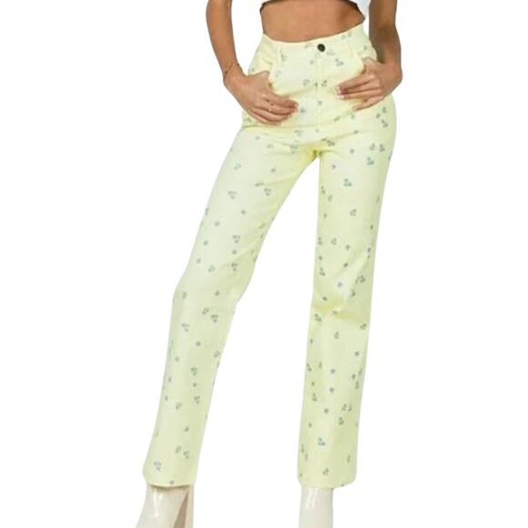 Princess Polly Butter Yellow Blue Ivy Floral High Waist Stretch Jeans Pants Sz S - Picture 1 of 11